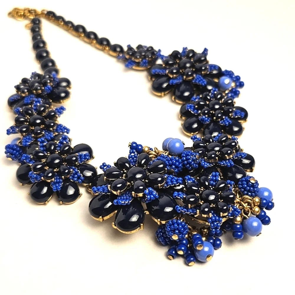 [J. CREW] Gardenia Blue Beaded Chunky Statment Floral Asymmetrical Necklace